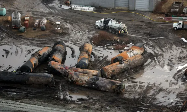 An aerial photo several days after the derailment. Found on theguardian.com, photograph from MediaPunch/Rex/Shutterstock